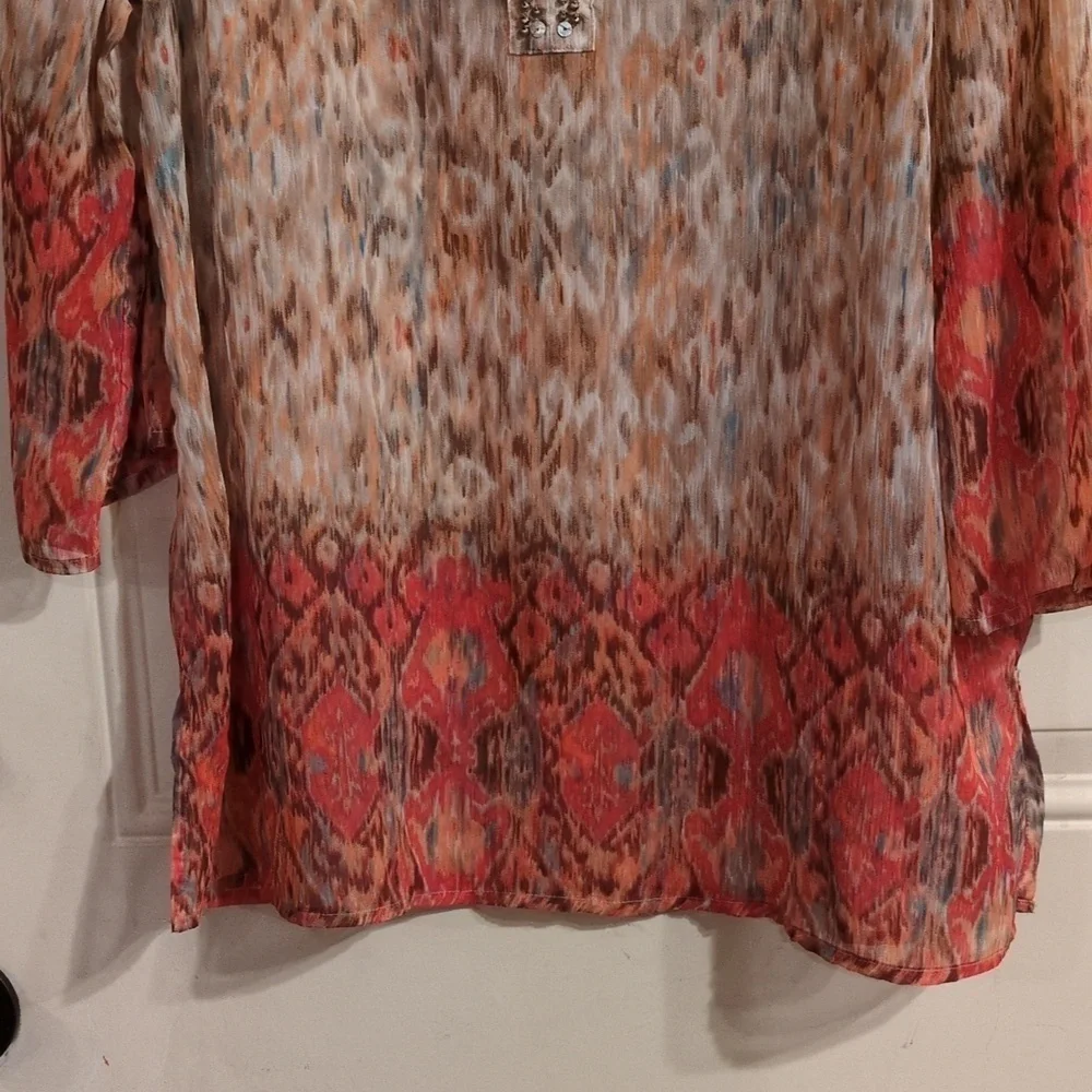 Chicos Tunic: Sheer, Abstract Print Embellished With Beads & Rhinestones, V-Neck - Picture 2 of 16